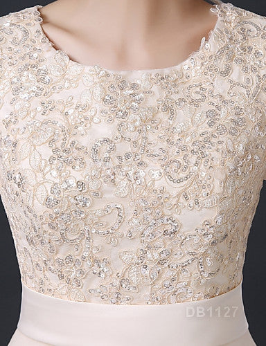 Resmi Akşam Elbise A-Şekilli Taşlı Yaka Diz Altı Saten / Tül ile Fırfırlar - Abiye Net